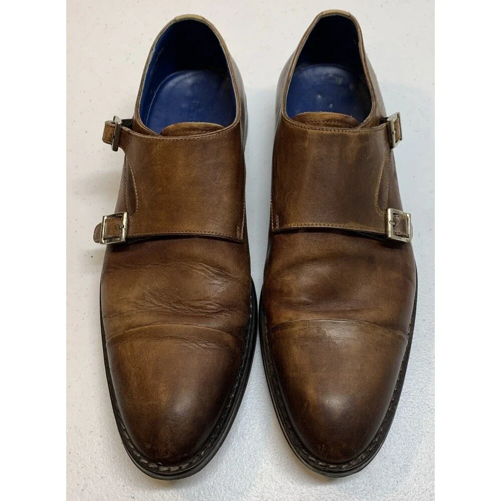Peter Millar Monk Strap Dress Shoes Mens 10 Brown Leather Cap Toe Preppy